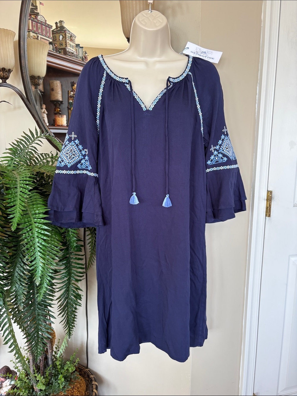 Southern Tide Natalie Dress Nautical Navy Blue Embroidered Bell Sleeves Rayon